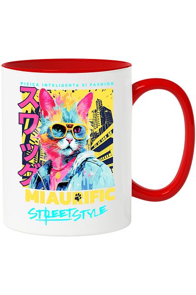 StoryGift Romania Street style Cat Mug - Meow, 330ml, Ceramic with Red Handle, With Red Handle STG, STG.