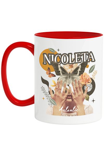 StoryGift Romania Mug With Name Nicoleta, Girl Collage, Butterfly, Flowers, Circle, 330ml, Ceramic with Handle, With ,STG.