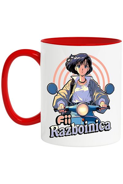 StoryGift Romania Anime style girl on scooter mug with text be a warrior, 330ml, Ceramic with Red Handle, With ,STG.
