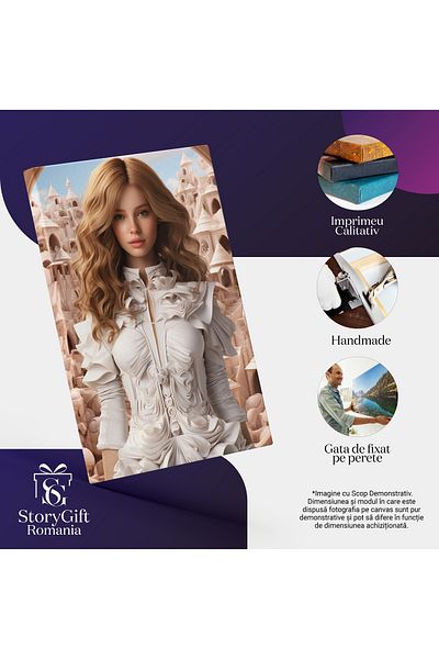 StoryGift Romania Tablou Canvas: Fata Gingasa Imbracata In Rochie Alba Cu Ochii Verzi Intr-un Oras Istoric Pictu