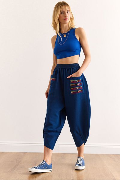 Olalook Women's Navy Blue Pocketed Ethnic Garnished Leg Detailed Linen Content Trousers Pnt-19000344