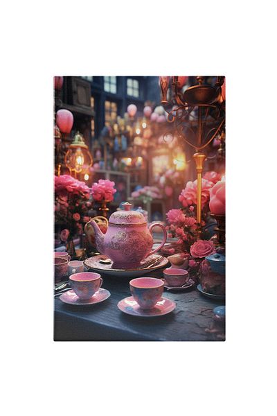 StoryGift Romania Canvas Painting 100 x 70CM Luxury Set of Royal Pink Teapot and Cups on Table with Roses, STG.