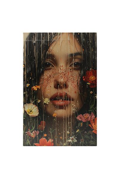 StoryGift Romania Tablou Canvas: Frământări Florale Sub Ploaia Melancolică - Femeie Brunetă Învăluită De Flori P
