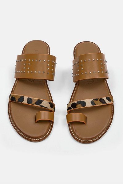 NILUFARR Papuci de damă din piele naturală Rebeca Tan Leopard Banded