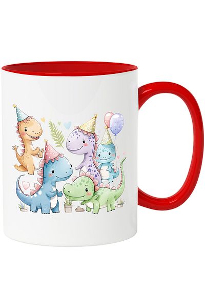 StoryGift Romania Mug with dinosaurs partying, fairy tale, illustration, balloons, plants, hearts, vase, With,STG.