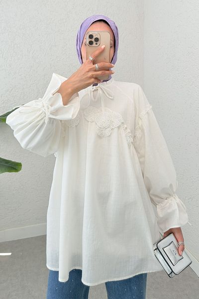 Salih Çelebi Embroidery Detailed Tunic 2311 - Cream