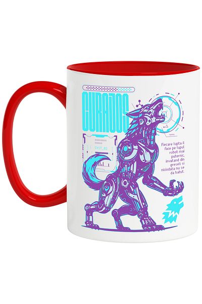 StoryGift Romania Brave Mug - Robot Wolf Fighter, 330ml, Ceramic with Red Handle, With Red Handle STG, STG.