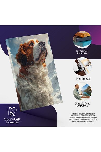 StoryGift Romania Tablou Canvas Saint Bernard Caine Cu Ochii Stralucitori Rotunzi Si Blana Alba-maronie Langa Mu