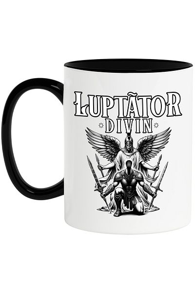 StoryGift Romania Angel and ninja assassin mug with text Divine Warrior, 330ml, Ceramic with Black Handle, With Ma,STG.
