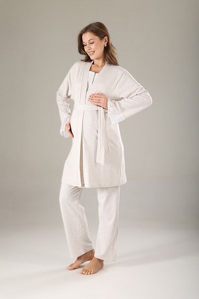 Pelin Women's Beige Lace Detailed Maternity 3-Piece Pajama Set