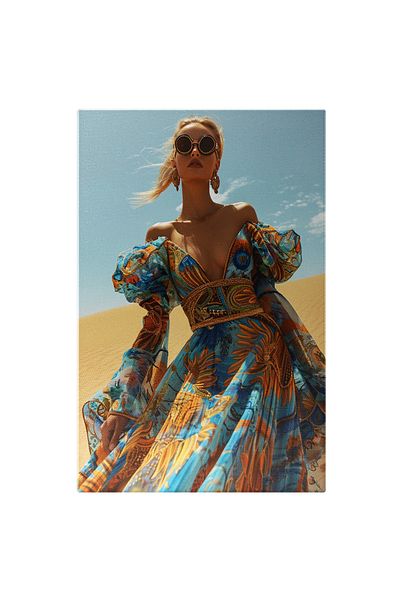 StoryGift Romania Tablou Canvas: Model Femeie Blondă În Deșert Pozând Cu O Rochie În Culori Exotice- Modă Și Des