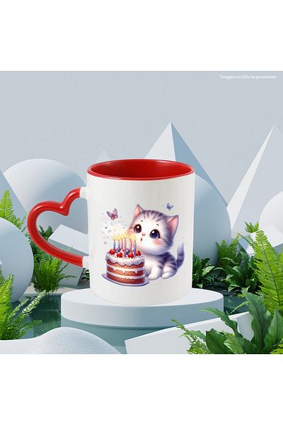 StoryGift Romania Mug with an excited kitty blowing out the candles on the cake | illustration |, With ,STG.