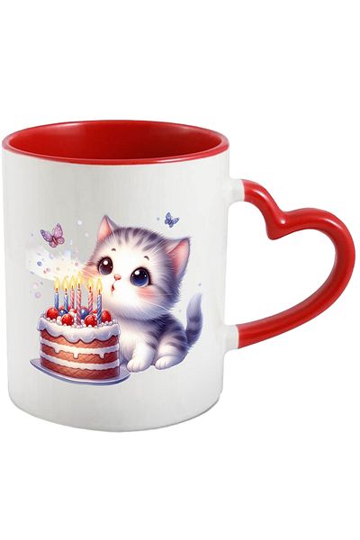 StoryGift Romania Mug with an excited kitty blowing out the candles on the cake | illustration |, With ,STG.