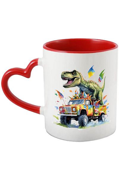 StoryGift Romania Mug with a dinosaur sitting in the trunk of an off-road vehicle, illustration, on, With,STG.