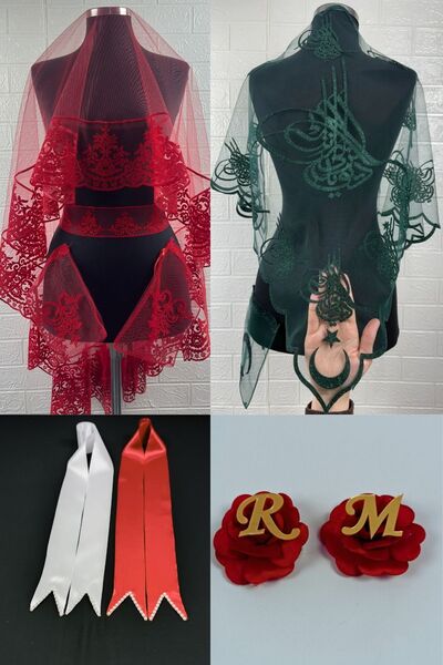 AZREN STORE Gelin Damat Duvak Seti, Kırmızı Flok Kına Duvağı, Yeşil Tuğralı D...