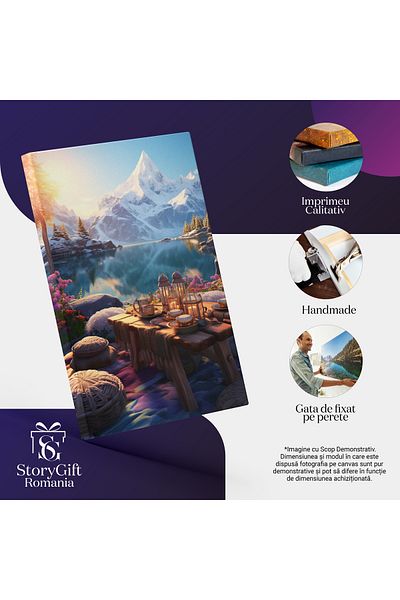 StoryGift Romania Tablou Canvas: Peisaj De Relaxare, Cina In Aer Liber Cu Lacul Langa Si Decor De Munti Cu Zapad