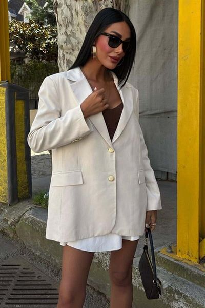 RICHMOST Long Sleeve and Button Closure Double Breasted Collar Oversize Blazer Women's Linen Jacket Ecru