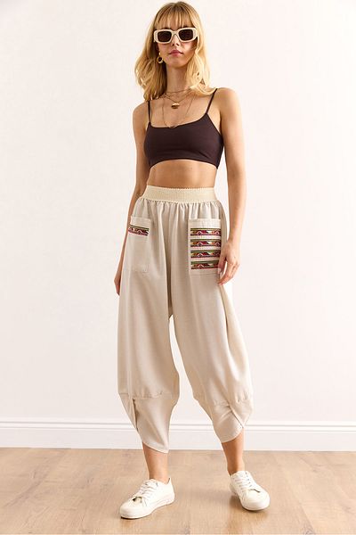 Olalook Women's Stone Pocket Ethnic Garnished Leg Detailed Linen Content Trousers Pnt-19000344