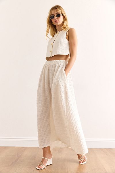 Olalook Women's White Top Lined Vest Bottom Pocket Midi Skirt Suit Tkm-19000387