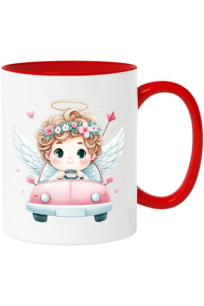 StoryGift Romania Mug with a baby with angel wings driving a car | illustration | heart, With ,STG.