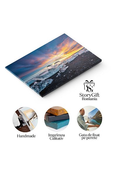 StoryGift Romania Tablou Canvas: Apus Islandez Pe Plaja Cu Nisip Negru - Gheata, Sunset, Mare