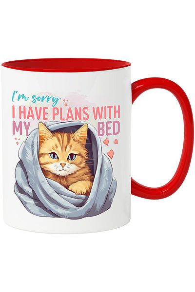 StoryGift Romania Mug with cat in blanket with the message "I'm sorry, I have plans with my bed", planu, Cu,STG.