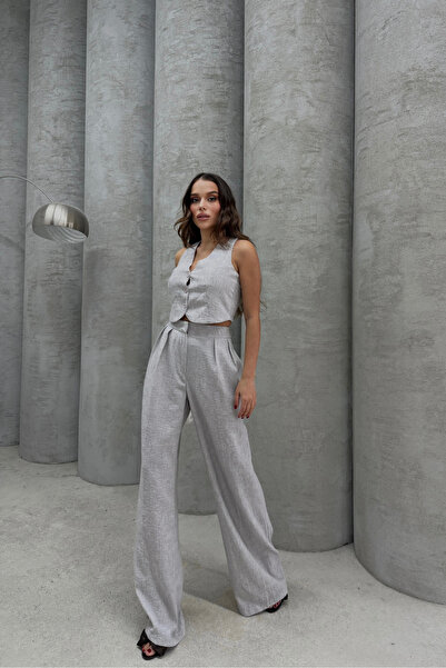 Bliss Women's Gray Linen Top and Bottom Set – Wide Leg Pants & Vest