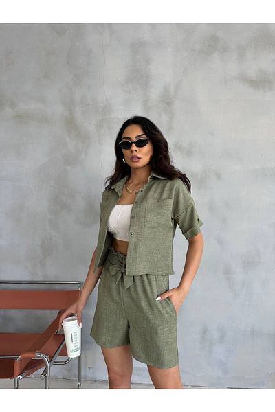ALLEYTA Women's Binding Detailed Shorts Shirt Linen Set Lns