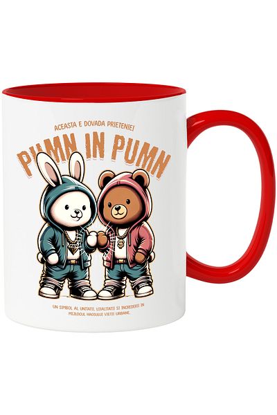 StoryGift Romania Mug Proof of Friendship Rabbit and Bear Family, 330ml, Ceramic with Red Handle, With Handle, STG.