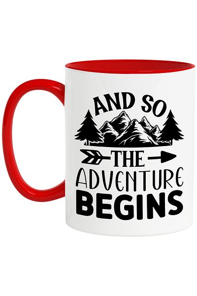 StoryGift Romania Mug with mountain landscape and the text "And so the adventure begins" - trip,
