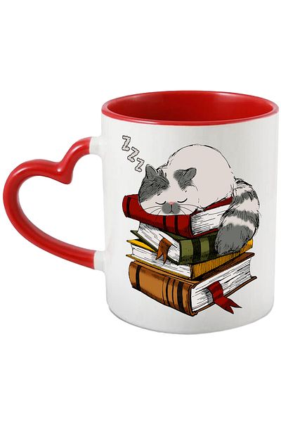 StoryGift Romania Mug with a kitten sleeping on a stack of books, illustration, learned too , With ,STG .