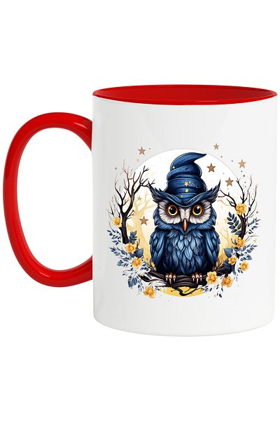 StoryGift Romania Mug with an owl with a witch's hat, illustration, stars, circle, branch, f, With, STG.