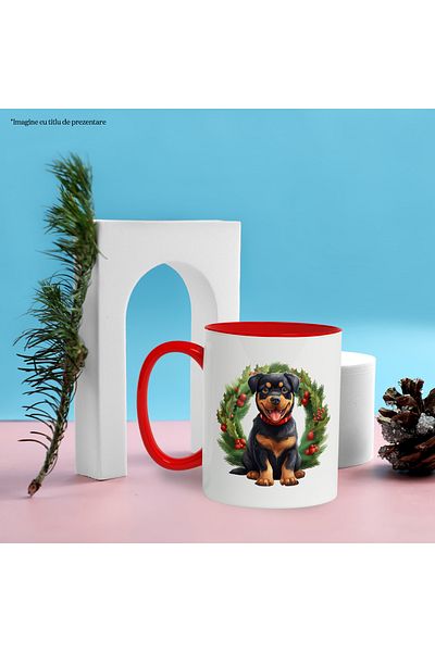 StoryGift Romania Mug with a Rottweiler puppy, illustration, joy, illustration, celebration, wreath, With,STG.