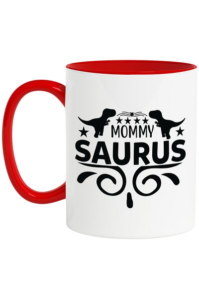 StoryGift Romania Mug with stars and dinosaur figures with the text in English "Mommy saurus" - mam, Cu,STG.