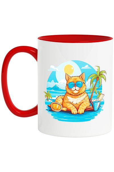 StoryGift Romania Mug with a cat at the sea, sunglasses, palm tree, beach, water, sea, relaxation, With ,STG.