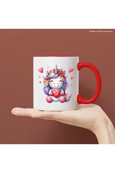 StoryGift Romania Mug with a cheerful unicorn, illustration, holds a heart, affection, gift, care, apr, With ,STG.