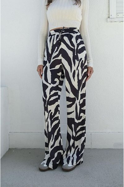 AlisaSu Black Shiny Patterned Wide Leg Trousers