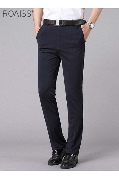 ROAISS Men's Fashion Casual Business Pants Summer Light Thin High Elastic Classic Navy Blue Suit Pants