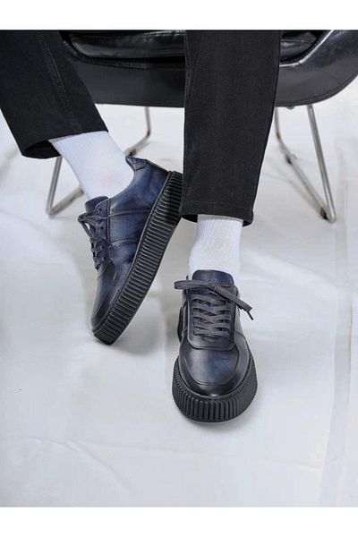 TETRİ Montrax Model Genuine Leather Handmade Navy Blue Men's Sneaker