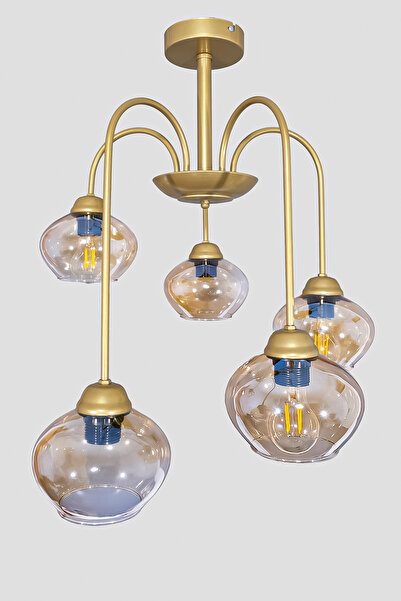 Fer Avize Dora 5 Li Avize Dekoratif Tasarım Modern Kollu Camlı Avize Oturma Odası Yemek Odası Salon