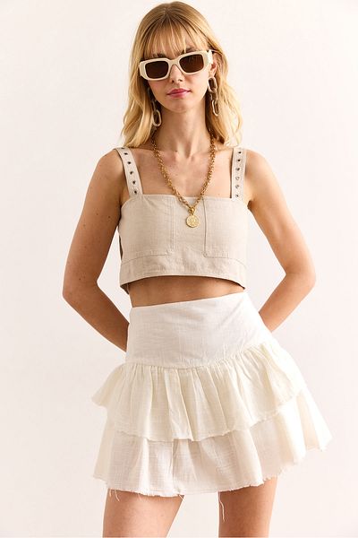 Olalook Women's Ecru Shorts Flounce Zippered Mini Linen Skirt Etk-19000322