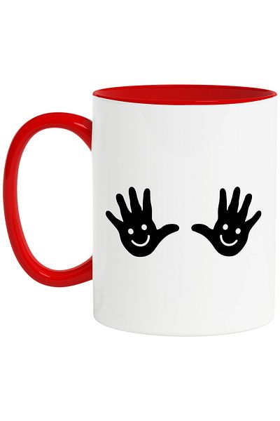 StoryGift Romania Mug with 2 hands with smiling girls - childhood plays happiness with Red Handle, Cu Ma, STG.