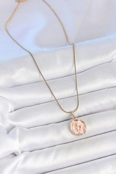 Clariss 316L Steel Gold Color Chain Pink Enamel Flower Embroidered Portrait Model Women's Necklace