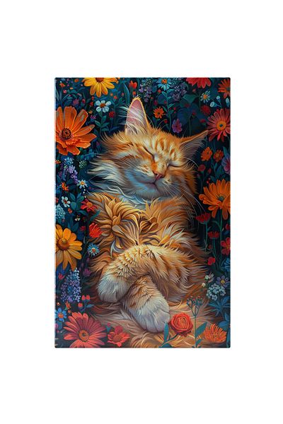 StoryGift Romania Tablou Canvas Pisicuta Cu Blana Portocalie Care Doarme Linistita Printre Floricele Cu Labutele