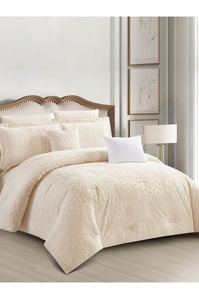 Donetella Premium King Comforter Set 8-Pcs, Jacquard Bedding with 350 GSM Poly Silk Filling