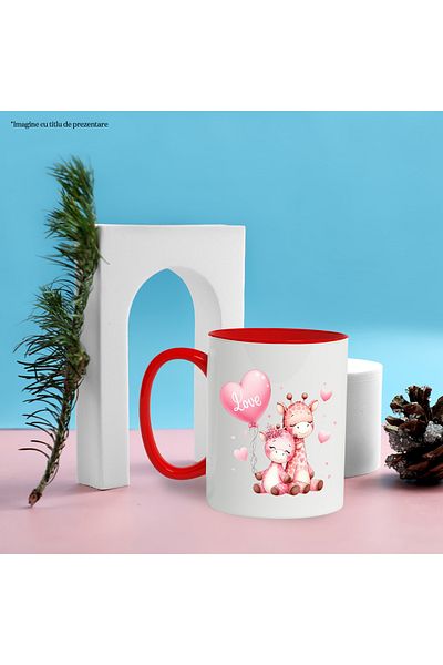 StoryGift Romania Mug with 2 giraffes, illustration, closeness, friendship, love, balloon, hearts, Va, Cu, STG