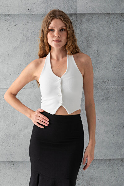 GİYSA Women's Halter Neck Strap Detailed Buttoned Ribbed Vest White - 25Y 2425