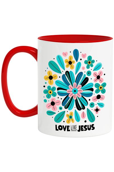 StoryGift Romania Mug with the message "Love like Jesus", religion, illustration, faith, colorful flowers, With,STG.