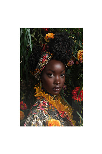 StoryGift Romania Tablou Canvas Woman Black Cu Parul Prins De O Bentita Langa Flori In Sacou Colorat Cu Buze Mar