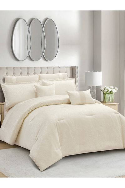 Donetella Premium King Comforter Set 8-Pcs, Jacquard Bedding with 350 GSM Poly Silk Filling